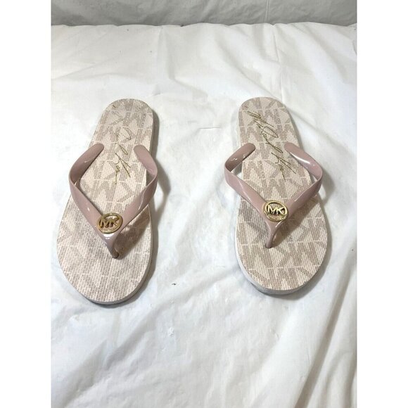 MICHAEL KORS MK FLIP FLOP PVC JET SET PINK GOLD LOGO SANDALS US 10 - Picture 1 of 15